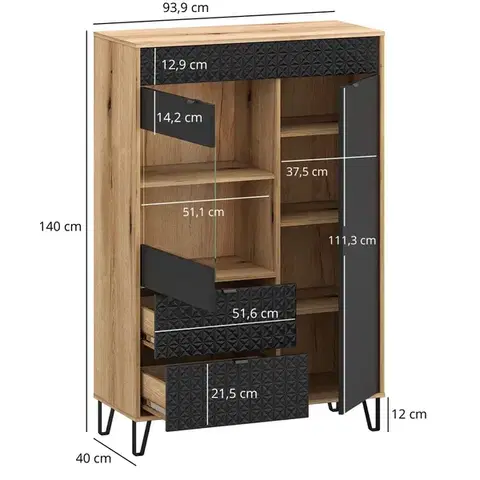 Bellano W1D1W2S alacsony vitrin fekete/ evok tölgy